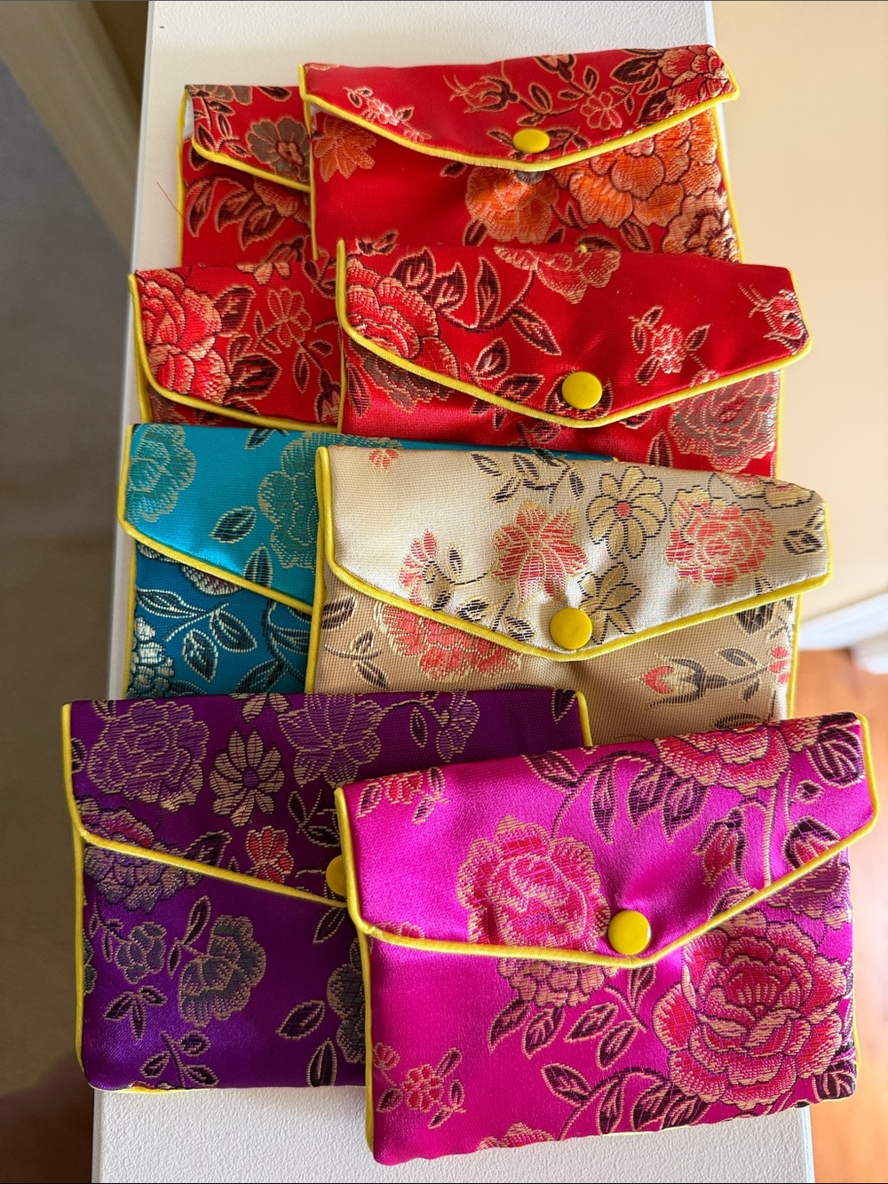 Silk Floral pouch 5x4- 8 total 4 Red, 1 Pink, 1 Purple, 1 Turquoise, 1 Cream